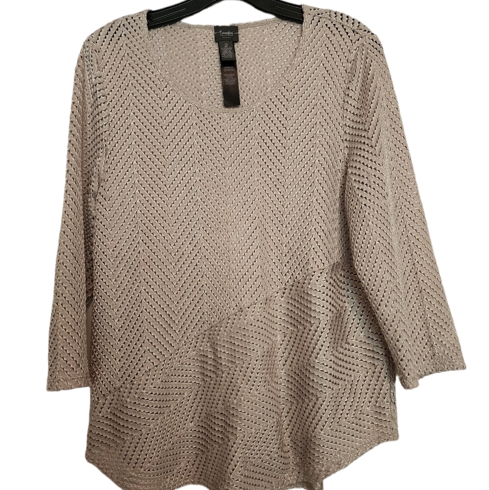 Chico's Traveler's tan pullover open weave long sleeve top Medium